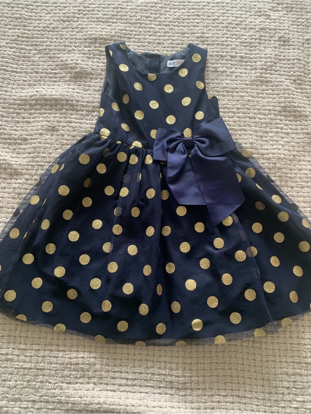H&M Navy Dress with Gold Polka Dots and Bow - Girls. Age 5-6